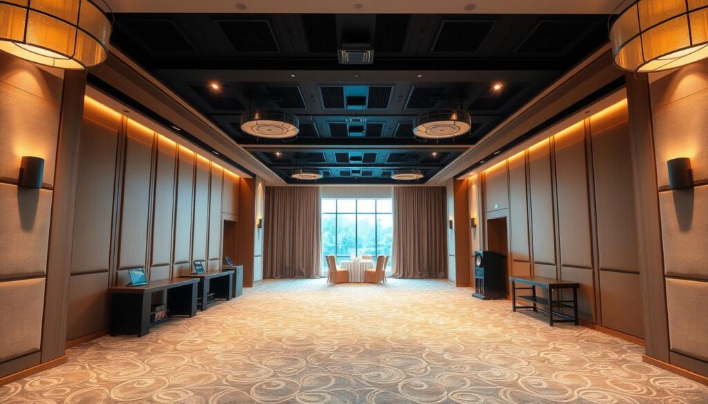 A modern and elegantly decorated backstage area at Sutera Hall, with plush carpeting, tasteful wall panels, and carefully placed lighting fixtures that create a warm and inviting atmosphere. The space is spacious and well-organized, with discrete work stations and ample storage for event preparations. High ceilings and abundant natural light through large windows give the area an airy and refreshing feel. The overall design seamlessly blends functionality and aesthetic appeal, perfectly complementing the luxurious ambiance of the main event space. A professional and expertly curated backstage that enables a flawless wedding experience.