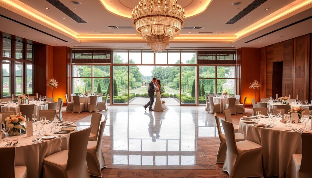 A modern, elegantly decorated wedding reception hall at Sutera Hall. The foreground showcases a beautifully set table with white linen, fine china, and silver cutlery. Overhead, a cascading crystal chandelier casts a warm, ambient glow. The middle ground features a sweeping marble dance floor, with couples gracefully gliding across it. In the background, floor-to-ceiling windows offer a panoramic view of a lush, manicured garden. The overall atmosphere is one of timeless sophistication and refined elegance, reflecting the high-quality decor and services offered at Sutera Hall.