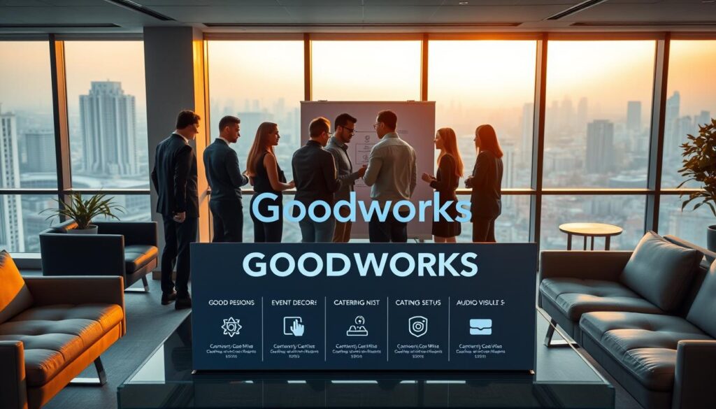 A modern, minimalist corporate office with sleek furniture and large windows bathed in warm, natural lighting. In the foreground, a team of professional event planners from Goodworks collaborating around a glass conference table, discussing event plans and brainstorming ideas. In the middle ground, a display showcasing Goodworks' event organization capabilities, including event décor, catering, and audio-visual setups. The background features a cityscape view, highlighting Goodworks' reach and expertise as a leading event organizer in Indonesia.