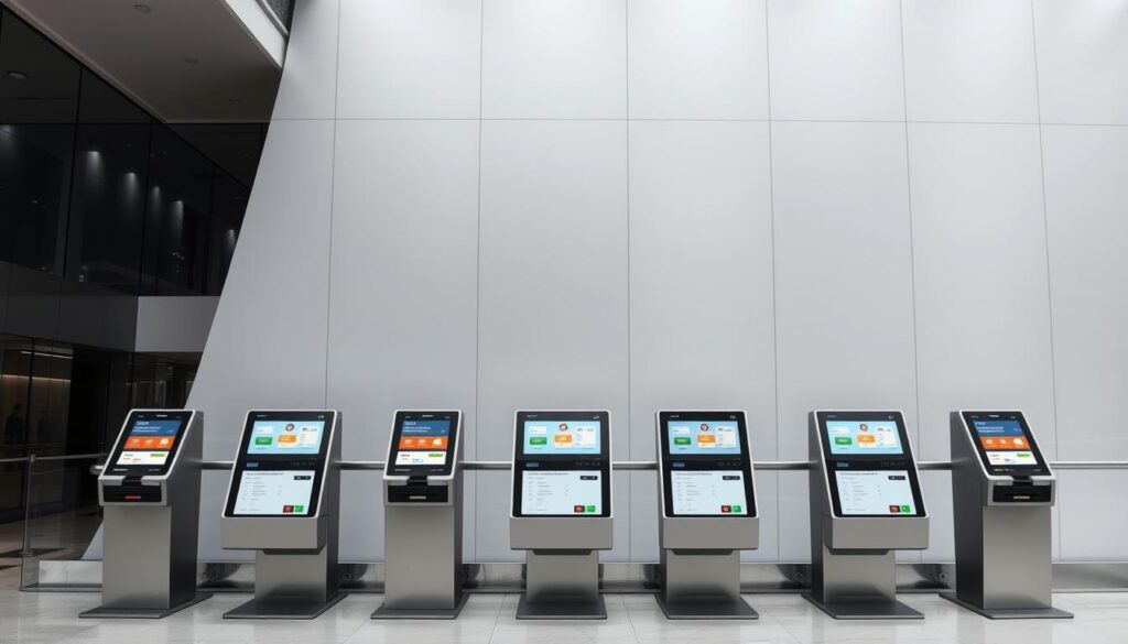 A modern, minimalist system of digital payment terminals set against a backdrop of sleek, contemporary architecture. Crisp, even lighting illuminates the smooth, metallic surfaces of the payment kiosks, their displays showcasing a range of intuitive touchscreen interfaces. The overall atmosphere is one of efficiency, convenience, and a seamless integration of technology into the everyday experience. The scene conveys a sense of progress, with the payment system serving as a symbolic representation of the 'Jadwal Operasional dan Proses Booking' section of the article.