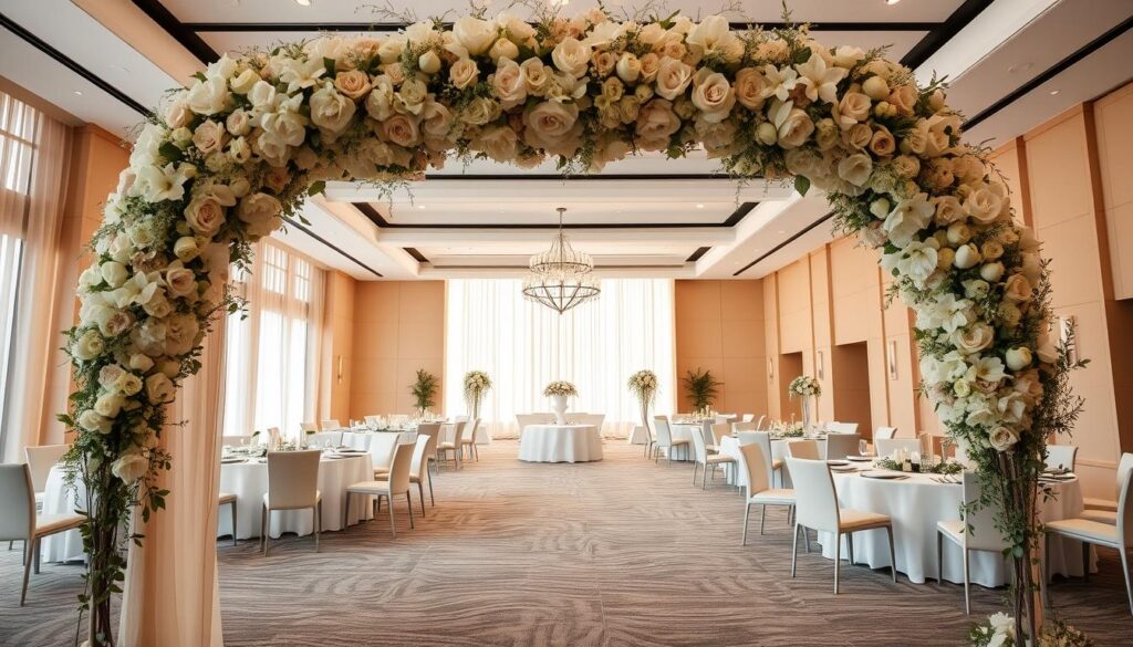 A sophisticated modern wedding decor at Sutera Hall, featuring a minimalist elegance with clean lines, natural textures, and a warm, ambient lighting. In the foreground, a grand floral arch in soft pastel hues frames the entryway, creating a welcoming and romantic atmosphere. The middle ground showcases sleek, white tablescapes adorned with simple greenery and candlelight, reflecting the refined and contemporary aesthetic. In the background, the elegant ballroom interior with its high ceilings and large windows allows natural light to filter in, bathing the scene in a soft, golden glow. The overall mood is one of understated luxury and timeless sophistication, capturing the essence of a modern Indonesian wedding celebration.