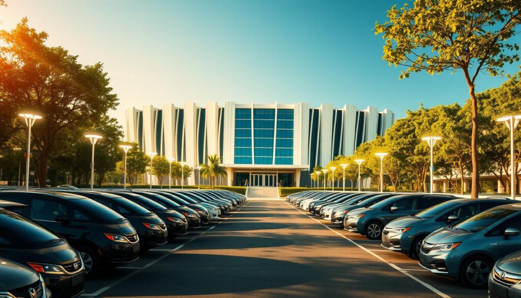 A spacious, well-lit parking area with ample space for vehicles, located adjacent to the imposing Sutera Hall. The foreground features neatly organized rows of cars, creating a sense of orderly organization. The middle ground showcases the grand, modern architecture of the Sutera Hall, its facade adorned with sleek, contemporary designs. The background is filled with lush, verdant foliage, adding a touch of natural beauty to the scene. The image is bathed in a warm, golden glow, creating a welcoming and inviting atmosphere. The overall composition captures the convenience and accessibility of the Sutera Hall, highlighting its strategic location and ample parking facilities.