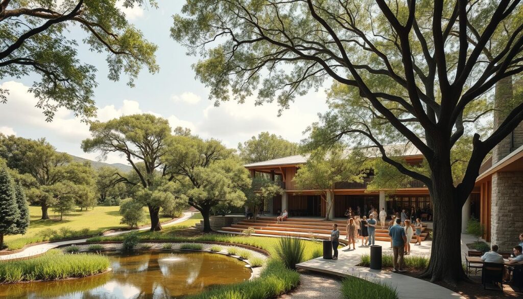 An airy, sun-dappled outdoor venue with a lush, verdant landscape. A modern, eco-friendly building with extensive use of natural materials like wood and stone. Towering trees provide ample shade, and a tranquil pond reflects the sky. Guests mingle on a spacious terrace, enjoying the serene ambiance. The overall atmosphere exudes a sense of environmental harmony and sustainability. Warm, diffused lighting accentuates the organic textures and natural elements. The scene conveys a feeling of balance and connection with the surrounding nature.