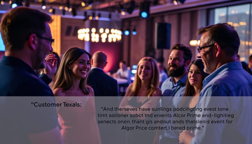 A beautifully crafted scene depicting customer testimonials for Alcor Prime's professional sound and lighting services for events. In the foreground, a group of satisfied customers enthusiastically share their positive experiences, their faces lit by warm, soft lighting. The middle ground showcases an elegant event space with modern audio equipment and stage lighting, inviting and atmospheric. In the background, a blurred cityscape suggests the urban context of Alcor Prime's operations. The overall mood is one of trust, professionalism, and customer satisfaction, reflecting the high-quality services Alcor Prime provides for event organizers.