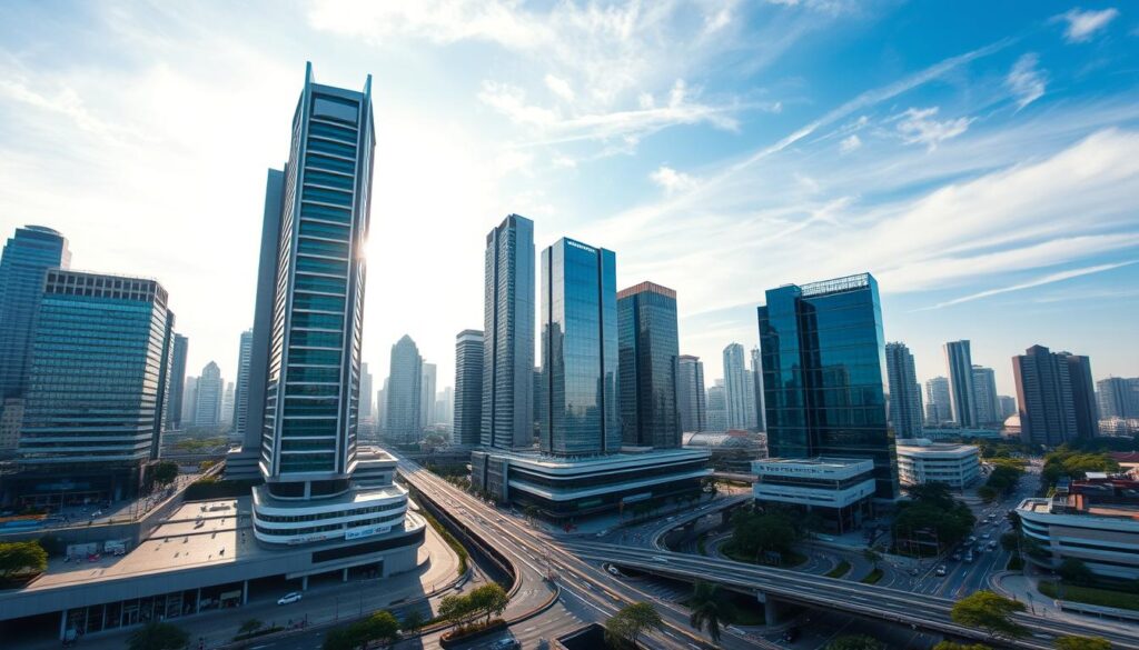 A bustling business hub in the heart of Jakarta, SCBD (Sudirman Central Business District) is a vibrant landscape of towering skyscrapers, sleek glass facades, and a thriving commercial center. In the foreground, modern high-rise buildings with minimalist designs stand tall, casting long shadows on the bustling streets below. The middle ground features a network of roads and sidewalks, bustling with the movement of pedestrians, cars, and public transportation. In the background, a clear blue sky with wispy clouds provides a serene contrast to the urban landscape. The overall scene conveys a sense of energy, productivity, and the dynamic nature of Jakarta's business district, captured through a wide-angle lens with soft, warm lighting that highlights the architectural details and the flow of daily activity.