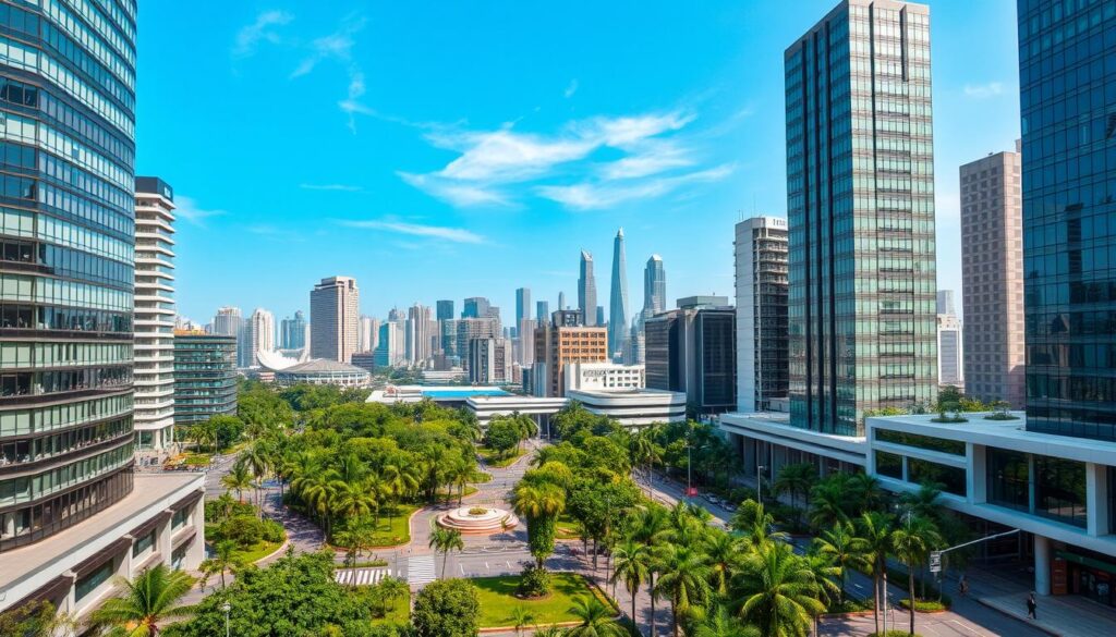 A bustling cityscape of SCBD (Sudirman Central Business District), Jakarta's premier commercial hub. In the foreground, modern high-rise buildings with glass facades glisten under crisp, directional lighting, conveying a sense of sophistication and efficiency. The middle ground features lush, well-manicured greenery and pedestrian-friendly plazas, inviting conference attendees to enjoy the vibrant atmosphere. In the background, the iconic silhouettes of Jakarta's skyscrapers stretch towards a clear, azure sky, hinting at the city's dynamic energy. The overall scene exudes an air of professionalism, connectivity, and strategic importance, perfectly suited for hosting impactful conferences and events.