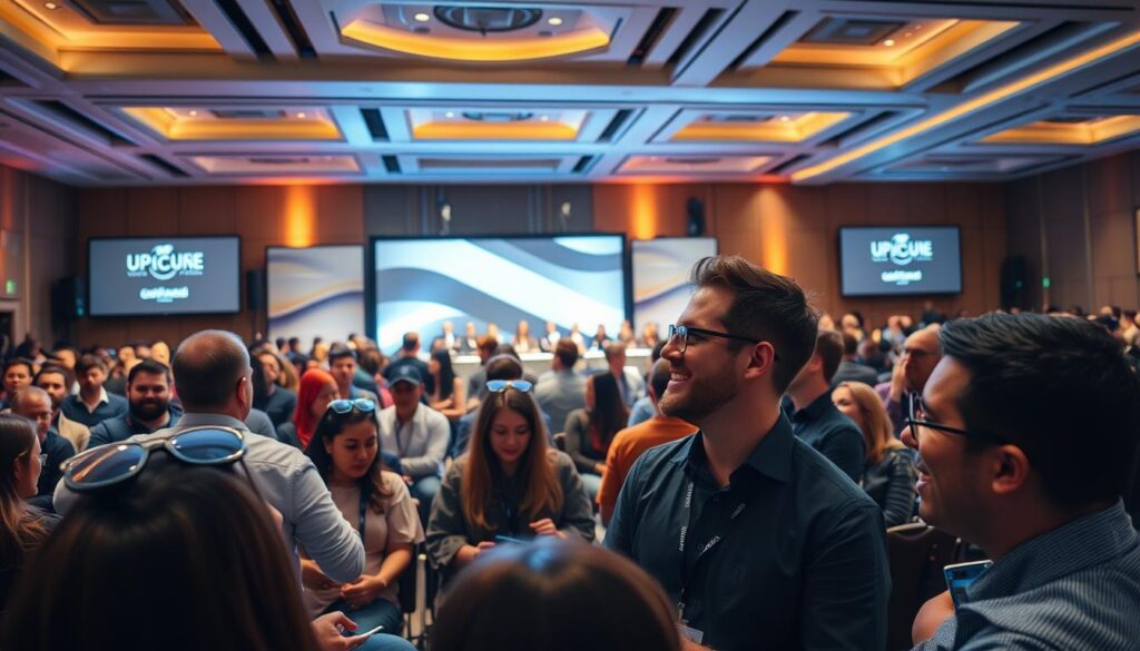 A bustling conference hall, bathed in warm lighting and filled with a lively crowd of attendees. In the foreground, a panel of successful entrepreneurs and conference organizers share their experiences, their faces animated with enthusiasm. Behind them, an elegant stage backdrop featuring a sleek, modern design, creating a professional and inviting atmosphere. The middle ground showcases a mix of attentive listeners, nodding in agreement and taking notes, as they soak in the inspiring stories. In the background, the room is adorned with subtle branding elements, reinforcing the event's identity and themes. The overall scene conveys a sense of achievement, camaraderie, and the tangible impact of the conference on its participants.