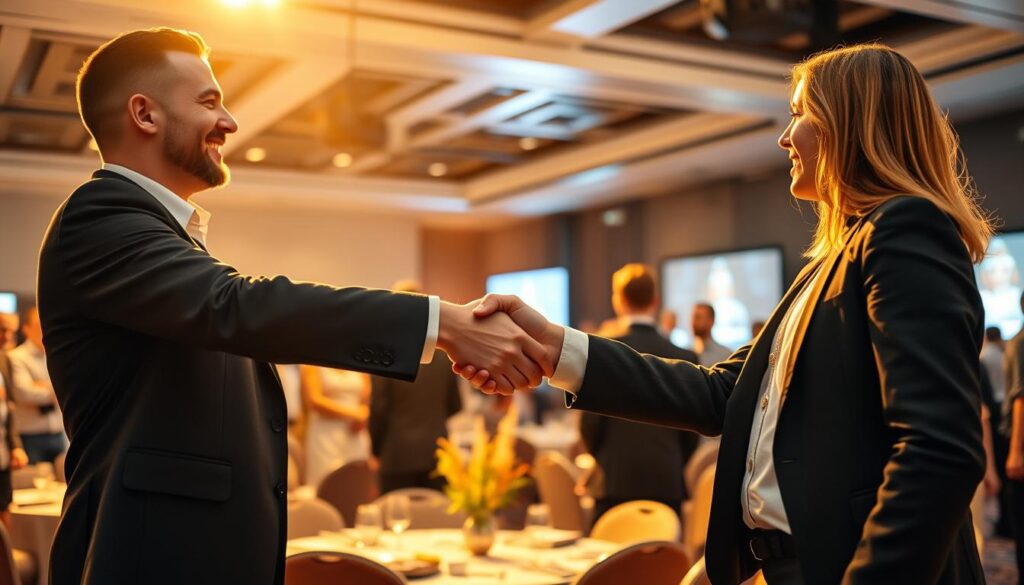 A bustling event venue, where two business professionals shake hands, signifying a successful collaboration. The scene is bathed in warm, golden lighting, creating a sense of productivity and partnership. In the background, event decor and equipment subtly suggest the context of a professional gathering. The composition emphasizes the handshake, drawing the viewer's attention to the core of the "strategic collaboration" concept. The overall mood is one of confidence, progress, and the mutual benefits of working together.