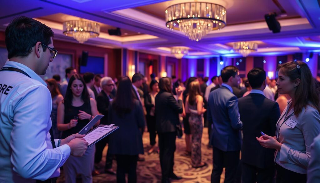A bustling event venue with a warm, professional atmosphere. In the foreground, an Alcor Prime team of event coordinators expertly managing the logistics - directing staff, checking schedules, and ensuring everything runs seamlessly. The middle ground features well-dressed guests mingling effortlessly, enjoying the ambiance of the elegantly decorated space. In the background, sophisticated lighting and state-of-the-art audio-visual equipment lend an air of sophistication. The overall scene conveys a sense of calm control, where every detail has been thoughtfully considered to make the event a resounding success.