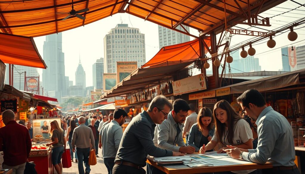 A bustling marketplace with vibrant stalls, haggling merchants, and curious shoppers. In the foreground, a group of business professionals gathered around a table, poring over charts and documents, deep in discussion. Warm, natural lighting filters through the canopy, casting a soft glow on the scene. In the background, towering buildings and a vibrant city skyline provide a dynamic urban backdrop. The overall atmosphere conveys a sense of collaboration, strategic planning, and the energy of a thriving marketplace - a perfect representation of "market strategy development" in the context of a product launch.