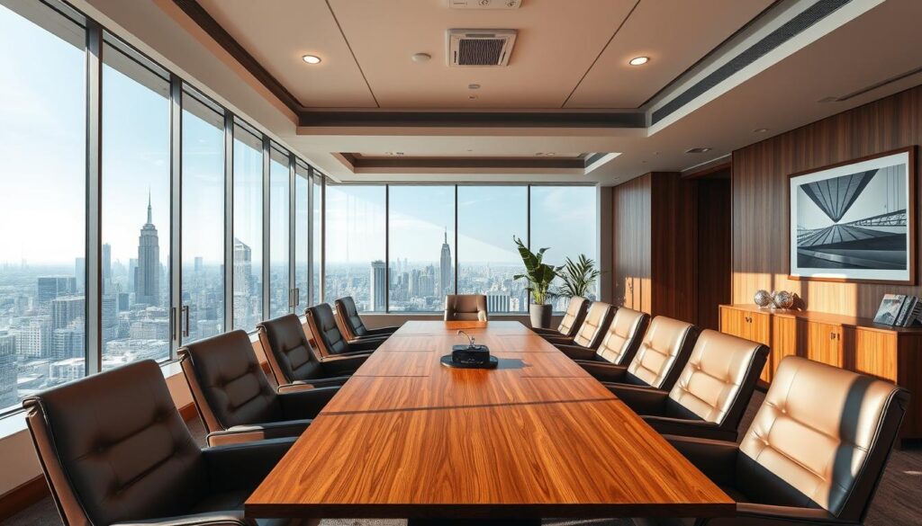A contemporary meeting room with sleek, minimalist furnishings bathed in warm, natural lighting. Plush leather chairs surround a polished wooden conference table, complemented by discreet technology like hidden projectors and recessed lighting. The room's floor-to-ceiling windows offer panoramic views of a bustling city skyline, creating a sense of spaciousness and connection to the outside world. Tasteful artwork adorns the walls, while subtle greenery adds a touch of nature. The overall atmosphere is one of productivity, sophistication, and modern elegance.