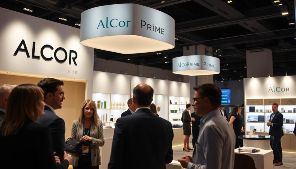 A corporate event featuring the Alcor Prime brand, showcasing a modern, sophisticated event space with a curated display of products and services. The scene depicts a well-lit, minimalist interior with clean lines, neutral tones, and strategic lighting that creates a warm, inviting atmosphere. In the foreground, a group of professional executives engages in conversation, demonstrating the high-quality networking and engagement opportunities. In the background, a team of Alcor Prime event staff orchestrates the seamless execution of the event, ensuring a memorable experience for all attendees.