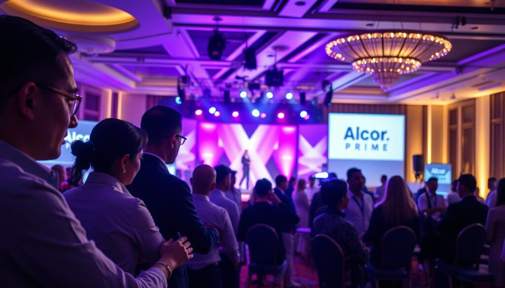 A corporate event showcasing the superior services of Alcor Prime, a trusted event activation agency. In the foreground, a team of event coordinators meticulously orchestrates the proceedings, their attentive expressions conveying the professionalism and attention to detail that defines Alcor Prime's approach. The middle ground reveals a dynamic stage setup, with sleek audio-visual equipment and vibrant lighting that captivates the audience. In the background, an elegant venue adorned with the Alcor Prime branding sets the tone of exclusivity and sophistication. The scene is bathed in a warm, inviting glow, reflecting the seamless execution and memorable experience that Alcor Prime consistently delivers for its corporate clients.