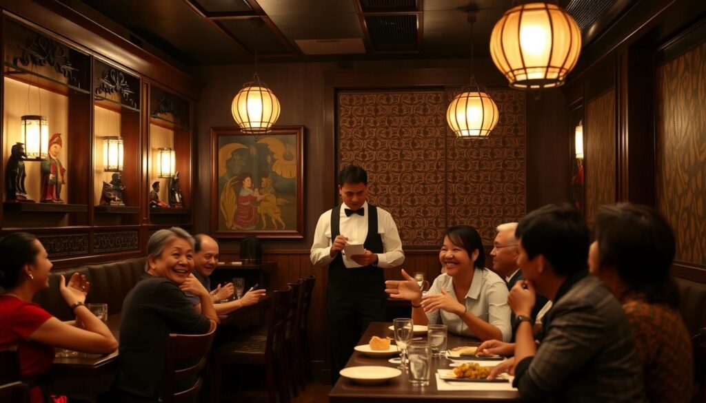 A cozy, dimly-lit restaurant interior with warm, inviting lighting. In the foreground, a group of diners enthusiastically sharing their experiences, gesturing animatedly. Elegant wooden furnishings, traditional Wayang shadow puppets adorning the walls, creating an authentic Indonesian ambiance. In the middle ground, a server attentively taking notes, capturing the customers' feedback. The background features a backdrop of traditional Batik patterns, complementing the overall traditional aesthetic. The scene conveys a sense of vibrant conversation, satisfied patrons, and a commitment to excellent customer service at Wayang Bistro.