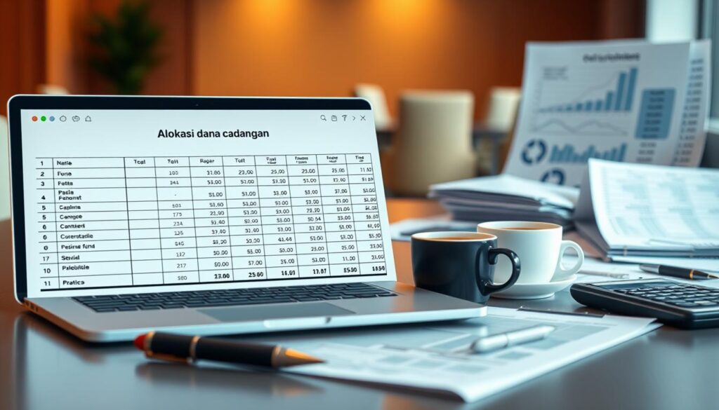 A detailed spreadsheet depicting the "alokasi dana cadangan" or reserve fund allocation for a meticulously planned event. The spreadsheet is displayed on a sleek, minimalist desk, with a modern laptop, a stylish pen, and a cup of coffee in the foreground. The middle ground showcases various financial documents and a calculator, conveying a sense of precise financial planning. The background features a blurred, warm-toned office setting, exuding an atmosphere of professionalism and efficiency. The lighting is soft and natural, highlighting the clarity and organization of the financial data. The overall composition emphasizes the importance of thorough budgeting and resource allocation in the successful execution of an event.