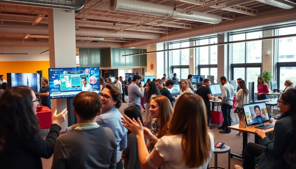 A dynamic and engaging event gamification scene in an office setting. In the foreground, a group of excited employees engage in a friendly competition, their faces alight with enthusiasm as they compete in a digital game displayed on a large screen. In the middle ground, various interactive stations are set up, with participants actively participating in team-building exercises and challenges. The background features a modern, open-plan office space with sleek furnishings, vibrant decor, and large windows that let in natural light, creating a warm and inspirational atmosphere. The entire scene is bathed in a soft, diffused lighting that enhances the sense of energy and collaboration. The mood is one of joy, camaraderie, and a shared commitment to achieving success through innovative and engaging event gamification strategies.