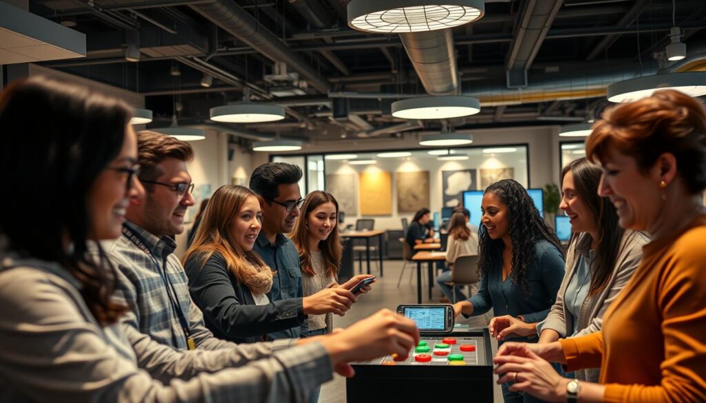 A dynamic and engaging event gamification scene set in a modern corporate office. In the foreground, a group of employees actively participating in a game-based activity, their expressions animated and engaged. In the middle ground, the office environment is well-lit with a blend of natural and artificial lighting, creating a warm and productive atmosphere. The background showcases various elements of the company's branding and culture, such as branded signage, artwork, and collaborative workspaces. The overall scene conveys a sense of teamwork, innovation, and a positive, gamified approach to workplace engagement.