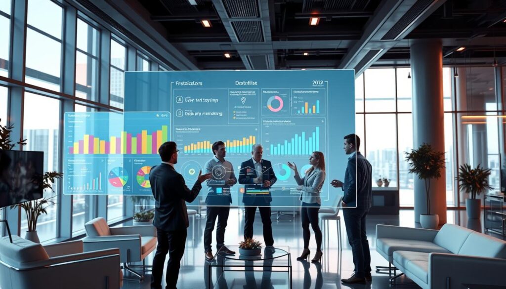 A futuristic office scene, with a large holographic display in the foreground showcasing a data visualization dashboard. The dashboard features colorful graphs, charts, and analytics related to event gamification feedback. The middle ground depicts a team of professionals analyzing the data, gesturing towards the display and engaged in a lively discussion. The background is filled with a sleek, high-tech work environment, complete with minimalist furniture, floor-to-ceiling windows, and subtle lighting that casts a warm glow. The overall mood is one of productivity, collaboration, and data-driven decision making.