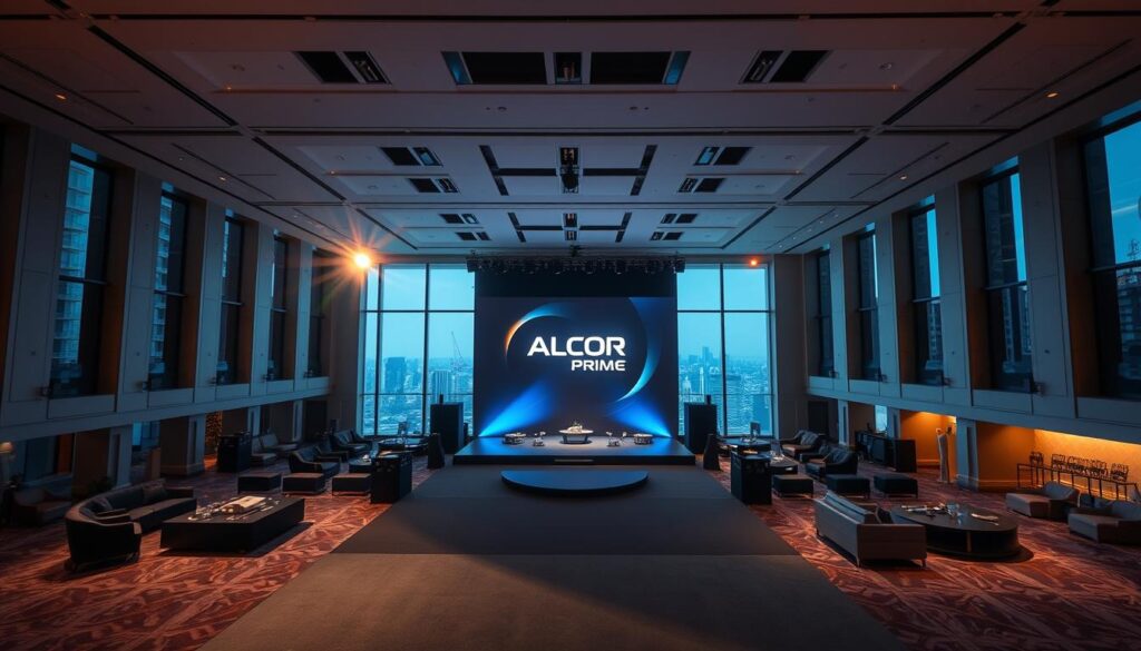 A grand, modern event venue in Jakarta, Indonesia, bathed in warm, theatrical lighting. The Alcor Prime event space features a spacious, open-concept layout with high ceilings, large windows, and sleek, contemporary furnishings. In the foreground, an elegantly arranged stage is set, ready to unveil the latest Alcor Prime product launch. The middle ground showcases plush seating areas and catering stations, while the background reveals the vibrant cityscape of Jakarta's skyline, creating an aspirational, prestigious atmosphere for the high-profile product introduction.