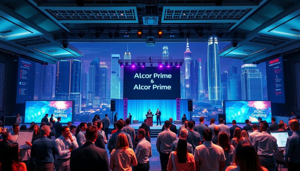 A high-energy strategic event setting with the Alcor Prime brand prominently featured. The foreground depicts a diverse group of professionals engaged in lively discussions, brainstorming ideas on whiteboards and interacting with digital displays. The middle ground showcases an elegantly designed stage and podium, highlighted by dramatic lighting and advanced audiovisual equipment. In the background, a vibrant cityscape with towering skyscrapers creates an aspirational, forward-thinking atmosphere. The overall scene conveys a sense of productivity, collaboration, and the successful execution of a transformative corporate event.