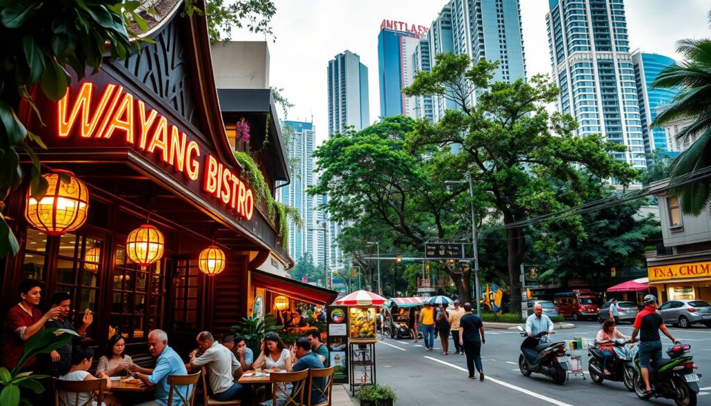 A lush, vibrant outdoor scene featuring the Wayang Bistro, a renowned Indonesian restaurant in Jakarta. The bistro's facade is prominently displayed, its intricate Javanese-inspired architecture and neon signage gleaming under warm, golden lighting. In the foreground, a group of diners is seated at a table, enjoying their meals and engaging in lively conversation. The middle ground showcases the bustling street outside, with pedestrians and vendors adding to the vibrant atmosphere. In the background, a backdrop of towering skyscrapers and lush foliage creates a stunning urban landscape. The overall mood is one of celebration, hospitality, and the rich cultural traditions of Indonesia.