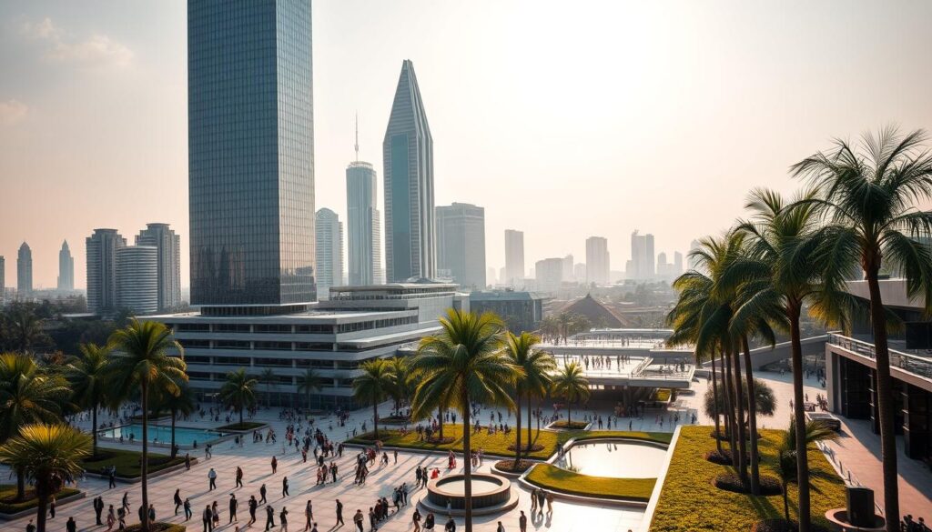A majestic modern office tower dominates the skyline of Jakarta, its sleek glass façade gleaming in the warm afternoon sunlight. In the foreground, a bustling plaza teems with well-dressed professionals navigating through the meticulously landscaped grounds, while shimmering water features and towering palm trees create a serene oasis amidst the urban landscape. The middle ground reveals a mix of contemporary architecture, with high-rise buildings, sleek skybridges, and a towering spire that punctuates the skyline. The background is framed by the distant silhouettes of other iconic Jakarta landmarks, hazy under a soft, diffused light. The overall atmosphere conveys a sense of sophistication, efficiency, and a thriving business district.