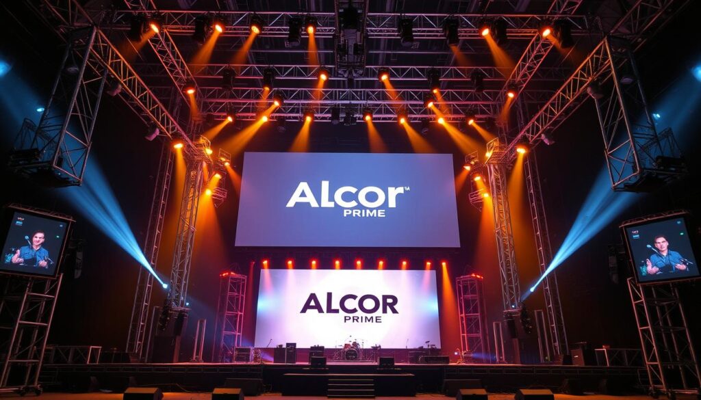 A massive, modern stage setup with the Alcor Prime logo prominently displayed on a large LED screen. Intricate lighting rigs cast a warm, theatrical glow across the scene, accentuating the high-tech sound equipment and towering speaker stacks. Sleek, professional-grade microphones and cables add a sense of technical sophistication. The stage is flanked by sturdy, visually striking truss structures, creating a sense of grandeur and scale. The overall atmosphere conveys the power and reliability of Soundworks' sound and lighting rental services, perfectly suited for a wide range of events in Indonesia.