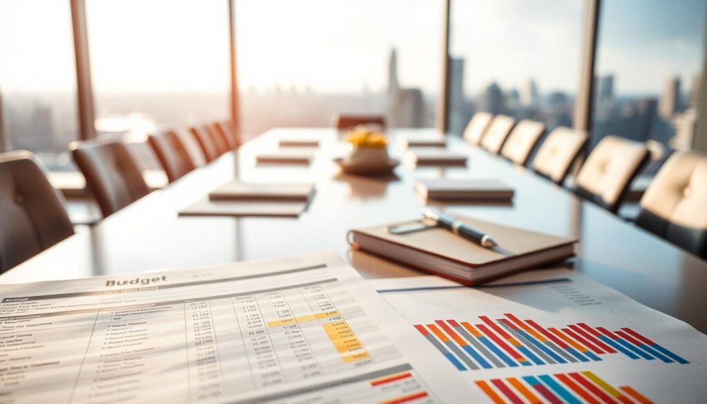 A meticulously crafted event planning budget layout, illuminated by soft, natural lighting, capturing a harmonious balance of financial calculations, visual aids, and strategic considerations. In the foreground, a detailed spreadsheet showcases precise cost breakdowns, complemented by colorful graph visualizations. In the middle ground, a sleek, minimalist conference table is adorned with tactile notebooks and writing instruments, hinting at the collaborative nature of the planning process. The background features a serene, blurred cityscape, evoking a sense of productive focus amidst the urban landscape. The overall atmosphere conveys a thoughtful, organized, and visually appealing approach to event planning budgeting.