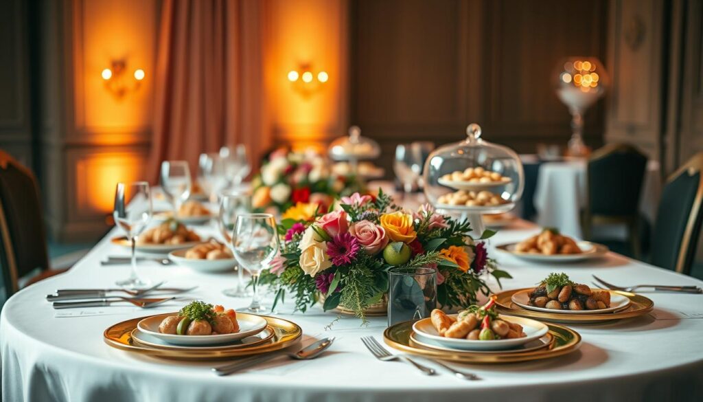 A meticulously crafted table setting featuring the Alcor Prime catering brand, showcasing their premium offerings. In the foreground, a crisp white tablecloth frames a centerpiece of fresh, vibrant florals and greenery, complemented by elegant gold-rimmed plates and silverware. In the middle ground, an array of expertly prepared gourmet dishes, each a culinary masterpiece, tantalize the senses. The background is bathed in soft, warm lighting, creating an inviting and sophisticated ambiance, perfect for an upscale event or celebration. The overall composition exudes a sense of refined elegance and attention to detail, reflecting the Alcor Prime brand's commitment to excellence in catering services.