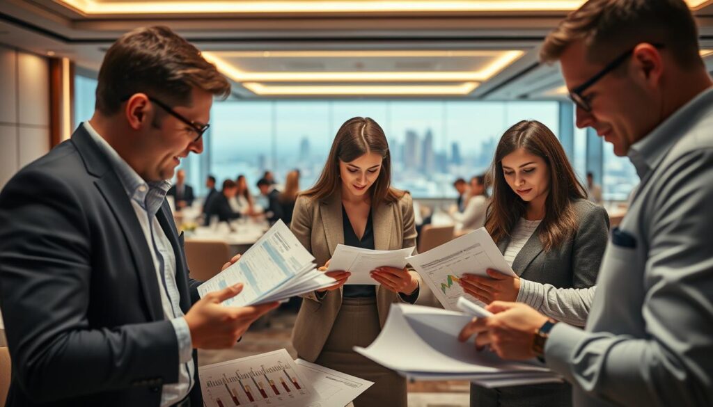 A meticulously planned financial event, captured in a warm, professional atmosphere. In the foreground, a team of event organizers pore over spreadsheets and charts, their expressions focused as they calculate budgets and allocate resources. The middle ground showcases a sleek, modern event space, with clean lines and subtle lighting that creates an air of sophistication. In the background, a panoramic view of the city skyline, hinting at the grand scale and ambition of the occasion. The overall scene conveys a sense of careful preparation, attention to detail, and a determination to ensure the event's financial success.