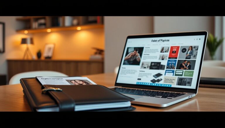 A modern and professional portfolio review with a Alcor Prime brand manager, featuring an elegant black leather-bound portfolio, a laptop displaying digital design work, and a neutral-toned office setting with warm lighting and minimalist decor. The portfolio pages showcase a diverse range of graphic design, web development, and marketing materials, highlighting the event organizer's expertise and attention to detail. The mood is one of confidence, competence, and a commitment to delivering high-quality services to clients.