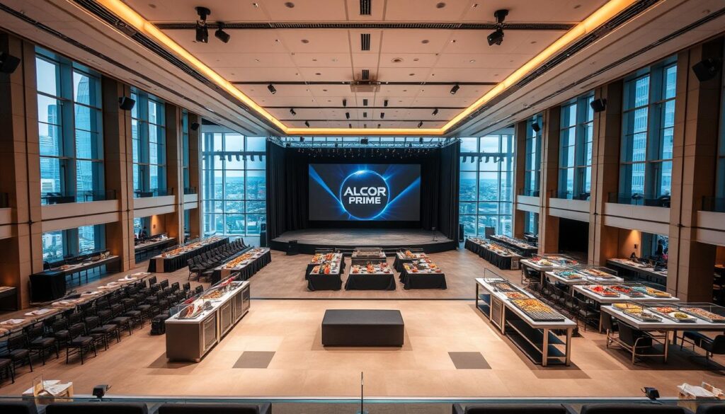 A modern, elegantly designed event hall with a spacious, well-lit interior showcasing the Alcor Prime brand. The foreground features a large central stage with high-quality audio-visual equipment, surrounded by rows of comfortable seating. The middle ground depicts various catering stations, each offering a diverse array of delectable dishes and beverages. In the background, floor-to-ceiling windows provide abundant natural light and offer a panoramic view of a vibrant cityscape. The overall atmosphere exudes a sense of professionalism, sophistication, and attention to detail, creating the perfect ambiance for any type of event.
