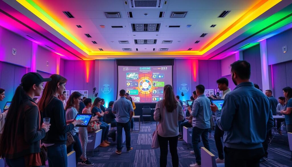 A modern event hall with a vibrant, gamified atmosphere. In the foreground, a group of young professionals engaged in interactive activities, using digital interfaces and playful props. The middle ground features a large projection screen displaying leaderboards, badges, and game mechanics, fostering a sense of friendly competition. Colorful lighting and dynamic camera angles create an energetic, immersive scene. Sleek, minimalist furniture and decor elements blend seamlessly, reflecting a professional, yet playful corporate setting optimized for team building and employee engagement.