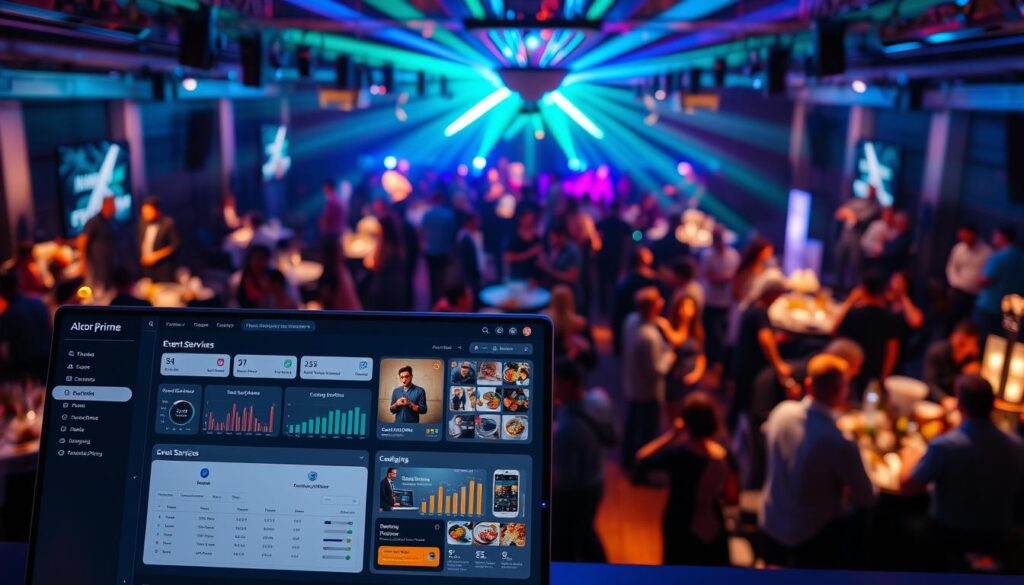 A modern, integrated event management platform with the Alcor Prime brand. In the foreground, a sleek, user-friendly dashboard displays various event planning tools and analytics. The middle ground showcases a diverse range of event services, including venue selection, catering, and event coordination. In the background, a vibrant, high-energy event scene with guests mingling, music playing, and lighting creating an immersive atmosphere. The overall scene conveys efficiency, professionalism, and the comprehensive, integrated nature of the Alcor Prime event organizer service.