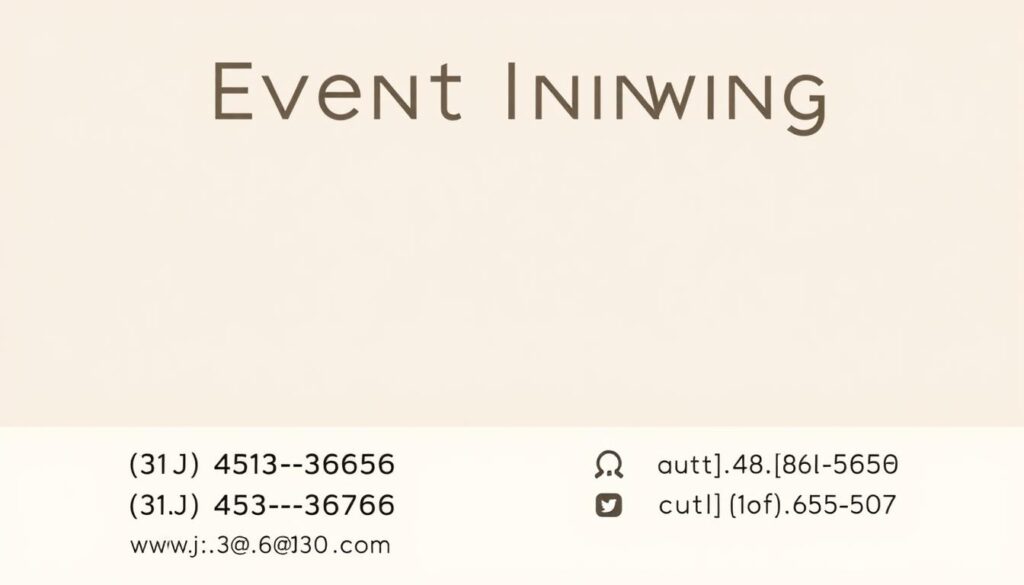 A modern, minimalist-style illustration depicting the detailed contact information for an event planning service. In the foreground, a clean, simple layout showcases phone numbers, email addresses, and social media handles against a soft, neutral background. The middle ground features subtle graphic elements like minimal icons or symbols to represent the different contact methods. The background maintains a professional, on-brand aesthetic with muted colors and a sense of balance and symmetry. The overall mood is one of efficiency, accessibility, and high-quality service - conveying the quick, reliable way for customers to make inquiries about the event planning offerings.
