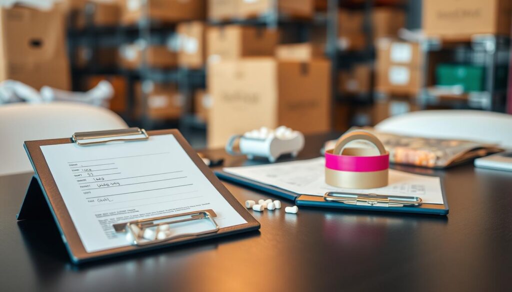 A neatly arranged desk with various logistical items, including a shipping label, tape dispenser, packing peanuts, and a clipboard with handwritten notes. The desk is illuminated by soft, warm lighting, creating a professional yet inviting atmosphere. In the background, blurred shelves and boxes suggest a well-organized storage or shipping area. The scene conveys the importance of effective logistical planning and execution for a successful event.