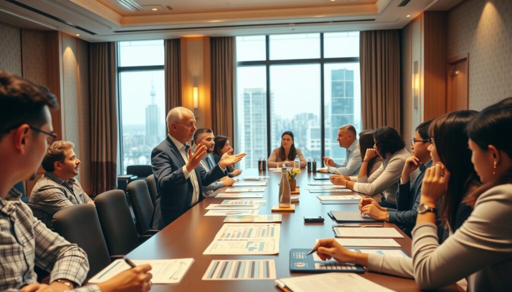 A neatly organized conference room, with participants gathered around a long table, engaged in a lively discussion. The lighting is warm and inviting, casting a soft glow on the participants' faces as they review charts, spreadsheets, and notes spread out before them. In the foreground, a presenter stands, gesturing animatedly, capturing the attention of the group. The middle ground features attendees taking notes, nodding in agreement, or leaning in intently. The background showcases the room's elegant decor, including large windows that provide natural light and a view of the cityscape outside. The overall atmosphere conveys a sense of productivity, collaboration, and a successful event evaluation.