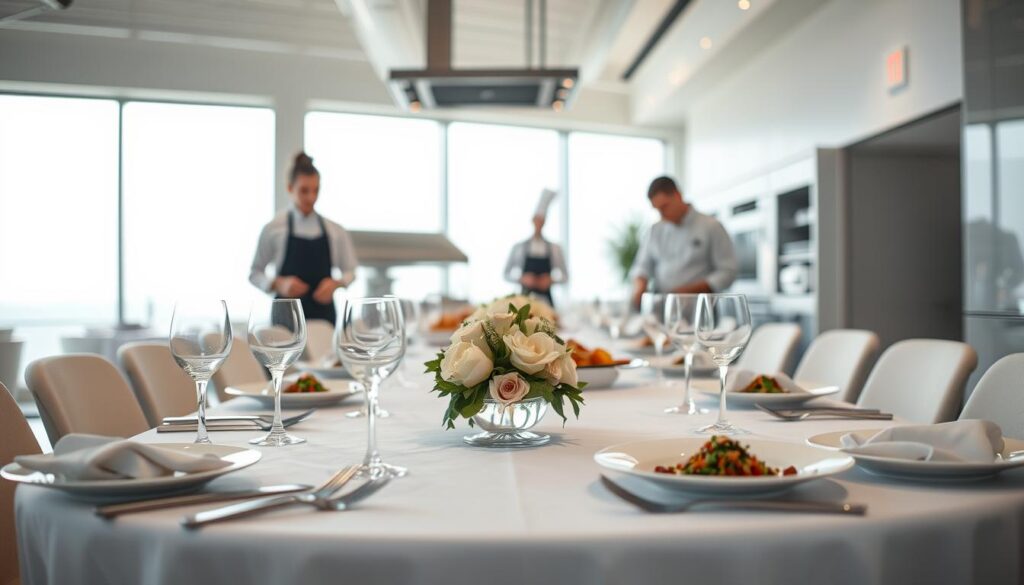 A professional catering service offered by Alcor Prime, with a modern kitchen setup and skilled chefs in a bright, airy space. The foreground showcases an elegant table setting with fine china, crystal glasses, and a delicate floral centerpiece. The middle ground features the chefs in crisp uniforms, plating mouthwatering dishes with precision. The background reveals a sleek, minimalist dining area with large windows allowing natural light to flood the space, creating a warm and inviting atmosphere. The lighting is soft and even, enhancing the premium quality of the catering experience. An image that exemplifies Alcor Prime's commitment to professionalism, excellence, and attention to detail.