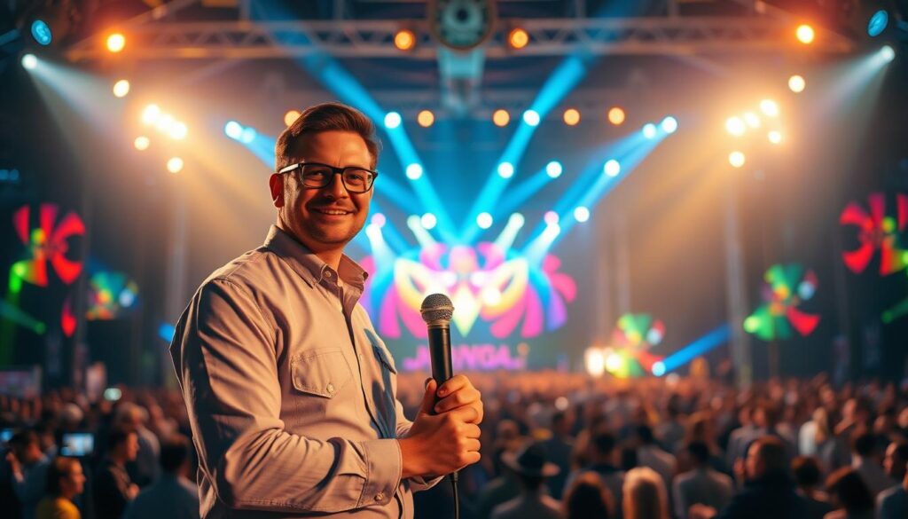 A professional event organizer holding a microphone, standing in front of a large stage illuminated by vibrant lighting. The background showcases a lively music festival, with a crowd of enthusiastic attendees. The scene exudes a vibrant, energetic atmosphere, reflecting the expertise and meticulous planning of the event organizer. The image captures the essence of a top-tier music event organization, conveying the quality and experience that Goodworks can offer.