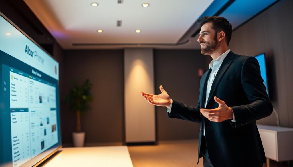 A professional event organizer named Tim, standing confidently in a well-lit room, wearing a sharp, tailored suit from the Alcor Prime collection. He gestures with his hands, presenting a detailed plan on a large touchscreen display. The room is modern and minimalist, with clean lines and subtle accents of the Alcor Prime brand color palette. Soft, directional lighting casts a warm glow, creating a sense of focus and professionalism. The overall atmosphere conveys Tim's expertise, organizational skills, and ability to deliver exceptional event experiences.