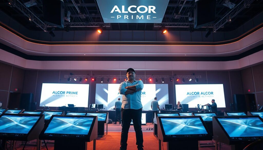 A professional event organizer, standing confidently among the latest Alcor Prime technology and equipment. Sleek, high-tech podiums, screens, and sound systems fill the foreground, bathed in warm, focused lighting. In the middle ground, a team of skilled technicians diligently operate the controls, ensuring everything runs seamlessly. The background showcases a large, modern event space, with clean lines and a minimalist aesthetic, creating a polished, efficient atmosphere. The overall scene conveys a sense of cutting-edge professionalism, with the Alcor Prime brand prominently displayed, ready to elevate any event to new heights.