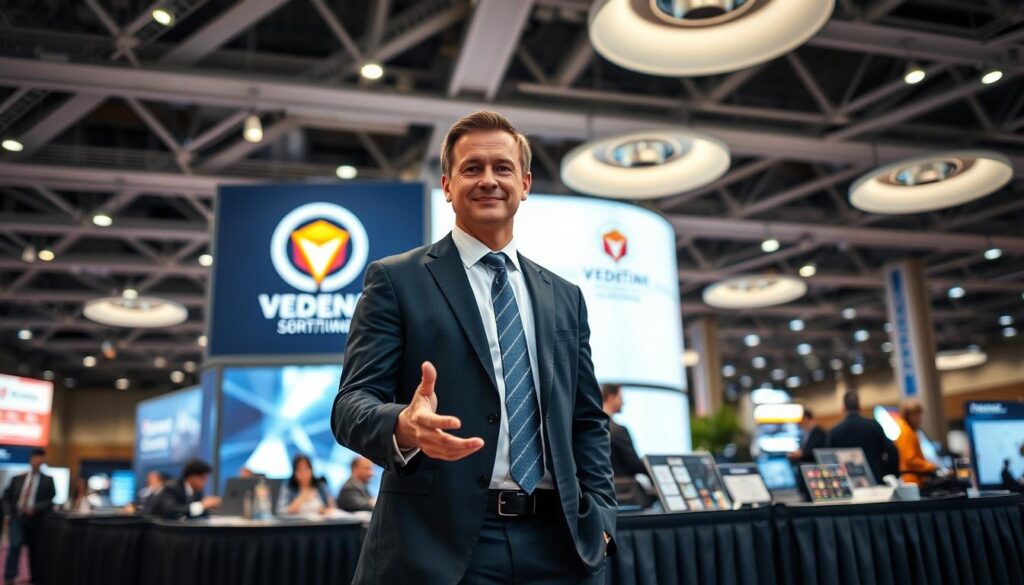 A professional event vendor stands confidently in a well-lit convention center, dressed in a crisp suit and tie. In the background, a large display features the vendor's logo and branding, conveying a sense of expertise and professionalism. The vendor is gesturing towards a table displaying an array of event-related products and services, showcasing their capabilities to potential clients. The scene is captured with a clean, tightly-framed composition, emphasizing the vendor's refined and authoritative presence. Soft, directional lighting from above creates a sense of depth and highlights the vendor's confident demeanor, while the surrounding space suggests a bustling, high-energy event environment.