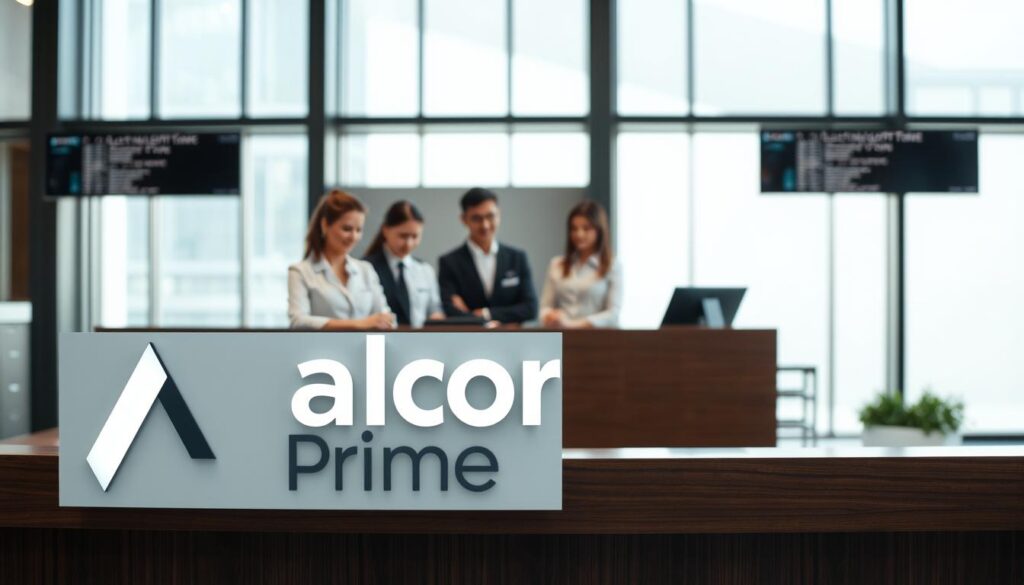 A professional service desk with the Alcor Prime brand logo prominently displayed in the foreground. The desk is made of sleek, dark wood and features a modern, minimalist design. Behind the desk, a team of friendly, uniformed agents are assisting customers, creating an atmosphere of competence and reliability. The background is a clean, well-lit office space with large windows, allowing natural light to flood the scene. The overall mood is one of professionalism, efficiency, and customer-centric service.