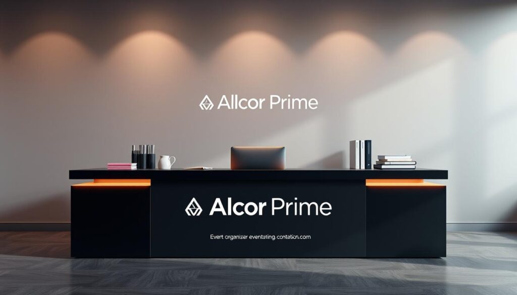 A sleek, modern desk with the Alcor Prime logo prominently displayed, surrounded by neatly organized office supplies and a professional-looking laptop. In the background, a seamless gradient wall creates a polished, minimalist atmosphere. Soft, directional lighting highlights the desk's clean lines and surfaces, creating a sense of order and efficiency. The overall composition conveys a high-end, corporate aesthetic suitable for an event organizer's professional contact information.