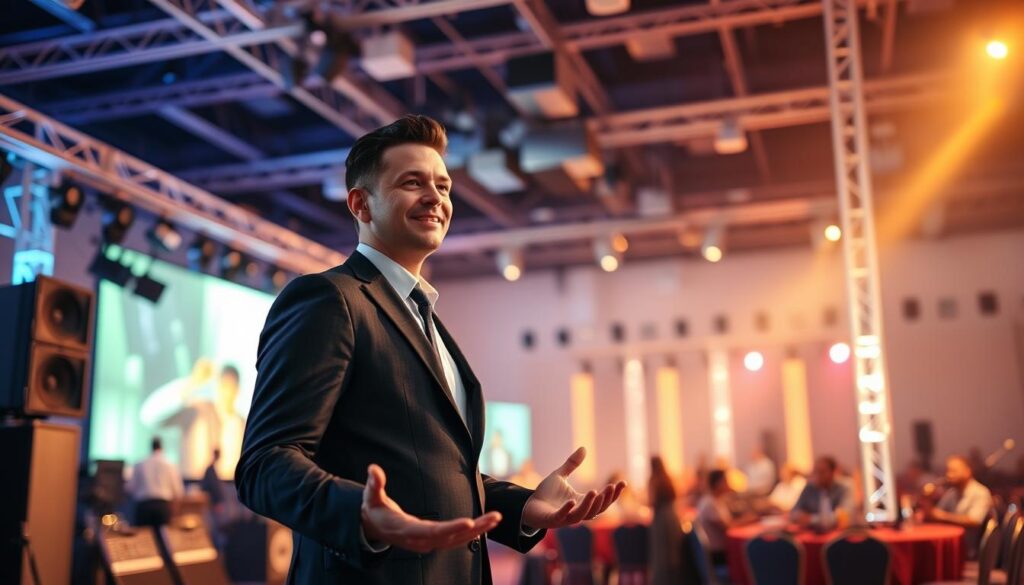 A smartly dressed event organizer standing confidently in a well-lit, modern event venue. The organizer, in a tailored suit, is gesturing with their hands as they coordinate the setup of the event space, teeming with event equipment and decor. The background is blurred, focusing the viewer's attention on the organizer's poised and professional demeanor. Soft, directional lighting casts a warm glow, highlighting the organizer's attentive expression as they oversee the preparations for a memorable music event.