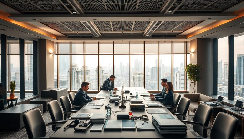 A sophisticated event planning office in the heart of SCBD, Jakarta. A large, modern workspace with sleek furniture, high ceilings, and floor-to-ceiling windows overlooking the bustling city. The foreground features a team of professional event coordinators discussing plans at a long conference table, their expressions focused and collaborative. The middle ground showcases various event-related materials and equipment, while the background depicts the vibrant SCBD skyline through the windows, bathed in warm, natural lighting. This serene yet productive atmosphere captures the essence of a top-tier conference organizing service catering to the needs of clients in the SCBD area.