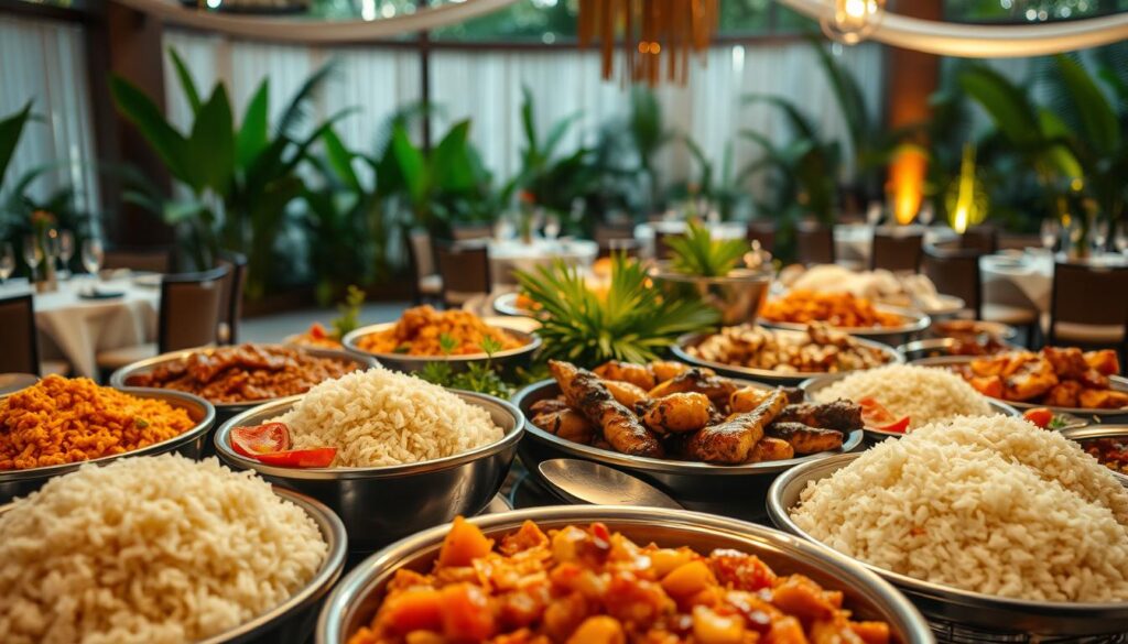 A sumptuous buffet display of traditional Indonesian cuisine, captured in a warm, inviting atmosphere. In the foreground, an array of fragrant rice dishes, accompanied by a selection of flavorful curries, sautéed vegetables, and tempting condiments. The middle ground features a variety of grilled and fried proteins, showcasing the culinary expertise of the Alcor Prime catering team. In the background, elegant table settings and lush, tropical foliage create a harmonious and visually appealing scene, perfectly suited for a special event.