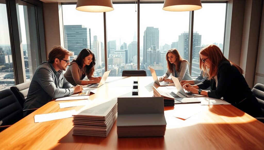 A sunny, professional office interior with a team of event planners discussing vendor selection on a large conference table. Warm lighting from overhead fixtures casts a soft glow, while large windows offer a view of a bustling city skyline in the background. The planners lean over documents, laptop screens, and sample materials, engaged in a collaborative discussion. Their expressions convey a sense of focus and determination as they work to choose the right vendors for an upcoming event. The scene captures the practical, step-by-step process of selecting event vendors in a modern, efficient workspace.