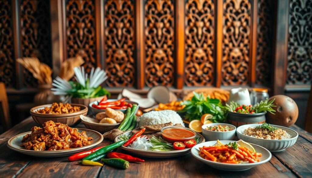 A vibrant and authentic spread of traditional Indonesian cuisine, artfully presented on a rustic wooden table. In the foreground, an array of colorful dishes - fragrant rendang, savory nasi goreng, spicy sambal, and tangy acar. The middle ground showcases iconic Indonesian ingredients like fresh chili peppers, lemongrass, and coconut. In the background, a backdrop of intricately carved wooden panels, evoking the rich cultural heritage of Indonesia. Warm, diffused lighting casts a cozy, inviting atmosphere, while a slight vignette effect draws the viewer's focus to the mouthwatering culinary delights. The overall composition evokes the essence of Indonesia's vibrant and diverse culinary traditions.
