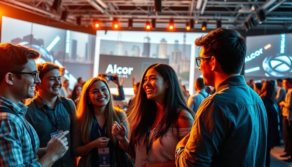 A vibrant and dynamic event showcasing the latest in creative innovation. In the foreground, a team of enthusiastic young professionals engage in a lively brainstorming session, their faces alight with the spark of inspiration. The middle ground features a sleek, minimalist stage adorned with the Alcor Prime brand, where cutting-edge presentations and demonstrations captivate the audience. In the background, a futuristic cityscape provides a striking backdrop, hinting at the transformative potential of the event. Warm lighting casts a glow over the scene, evoking a sense of energy and optimism. The overall atmosphere is one of collaborative creativity and forward-thinking vision.